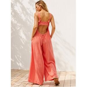 Free People Drifting Dreams Jumpsuit Coral Wide Leg Open Back Pockets S